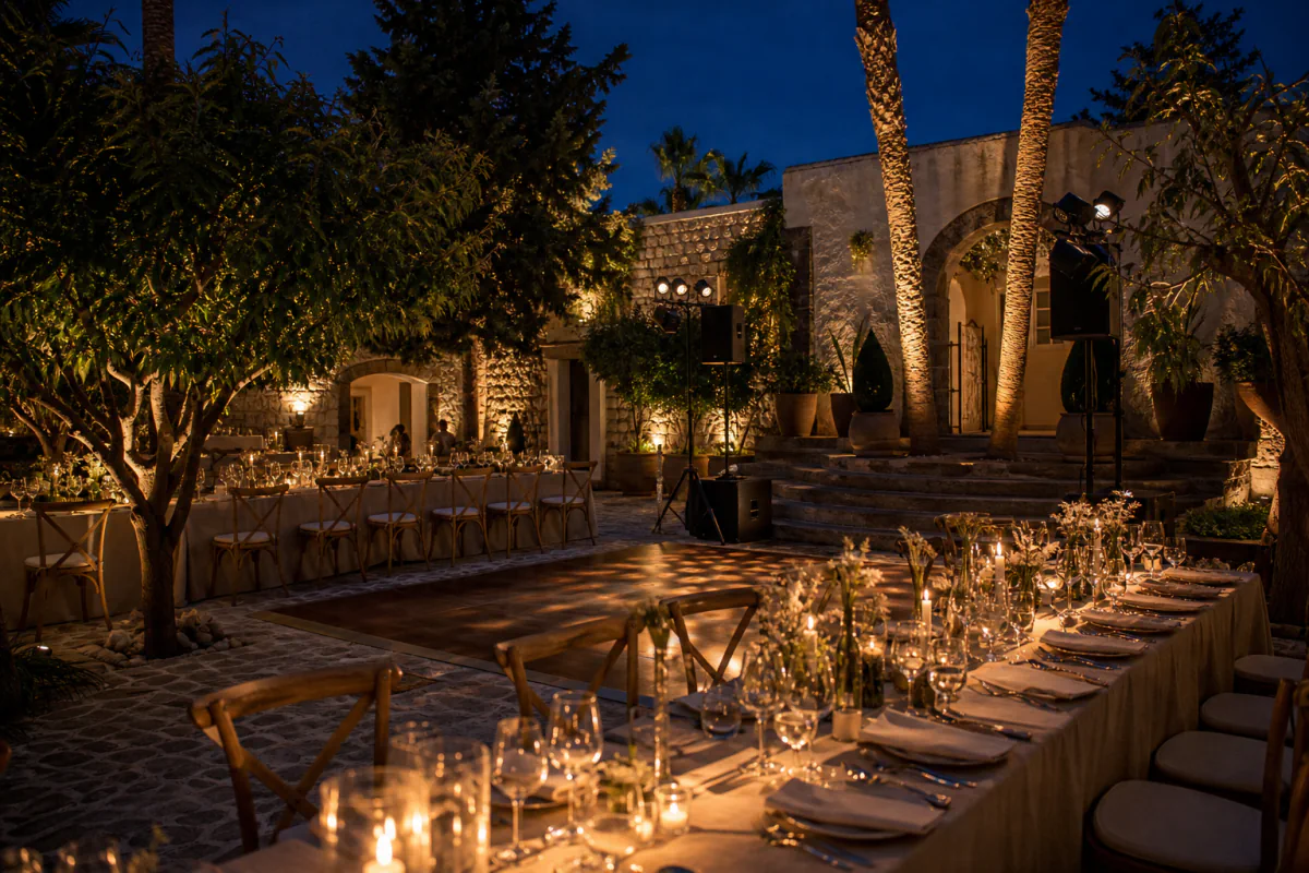 Iluminación ambiental cálida en una celebración de boda